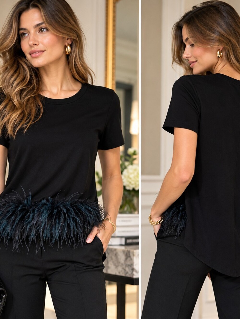 Pink Tartan Black Marabou Feather Trim High-Low Top M